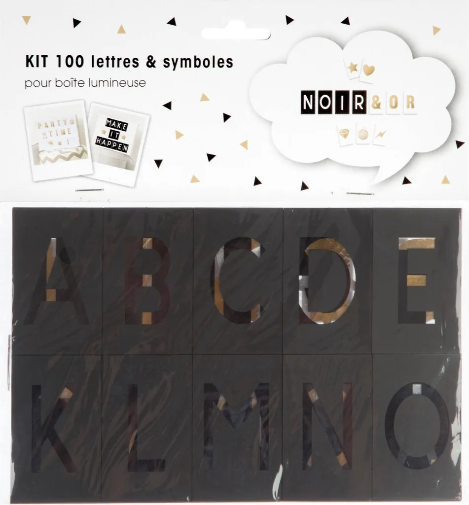 Lettres pour boîte lumineuse 100 pièces coloris noir et doré chic