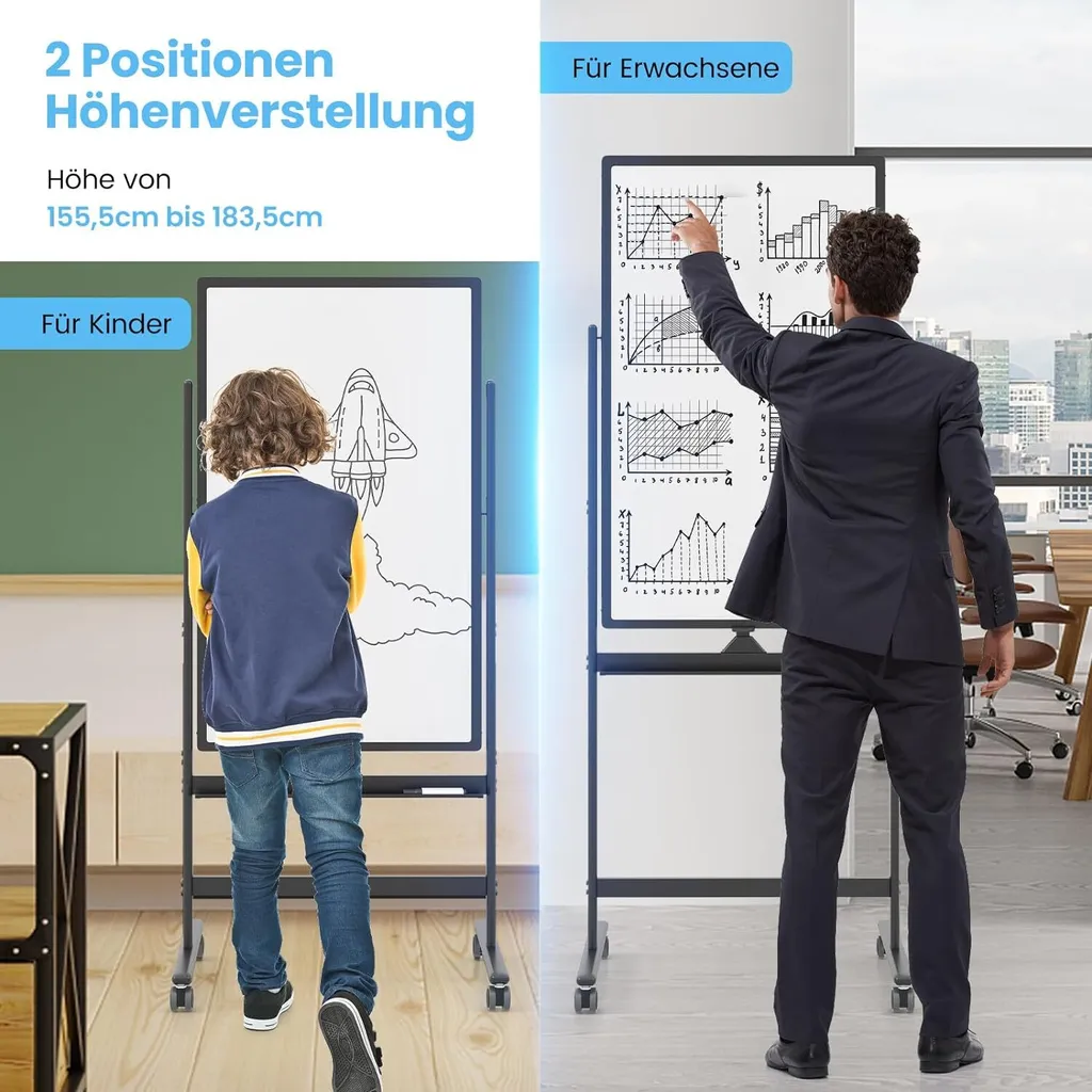 Lavagna mobile bifacciale COSTWAY, 60 x 100 cm, lavagna magnetica regolabile in altezza con ruote, supporto e portapenne, accessori inclusi per scuola, ufficio, casa (nero) - 2