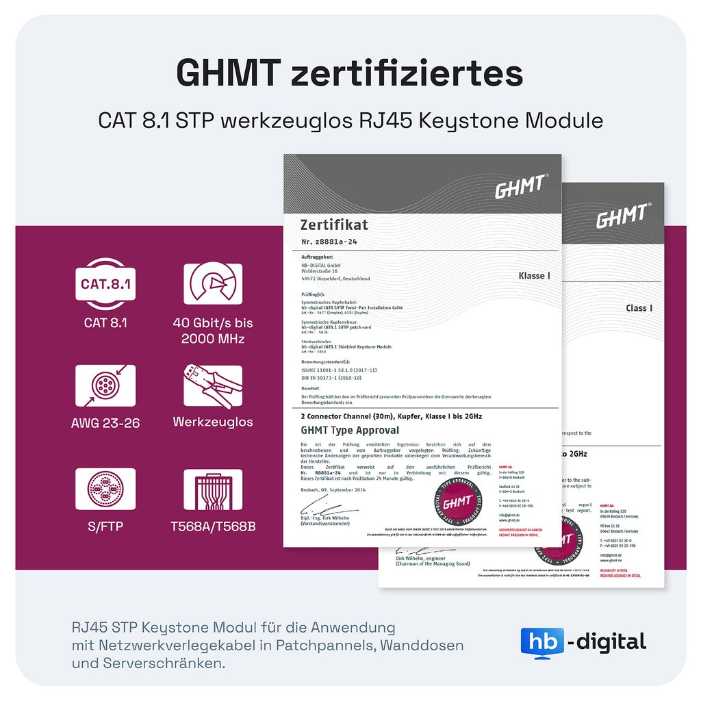 hb-digital Set Anschlussbox 1-Port Keystone Module CAT 8