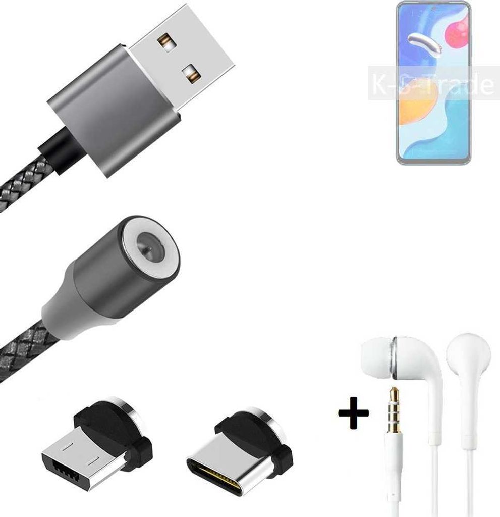 K-S-Trade Hochwertiges Magnet-Lade-kabel Sync-Kabel Daten-Kabel + Kopfhörer kompatibel mit Xiaomi Redmi Note 11S Global mit USB-Typ-C-Anschluss und