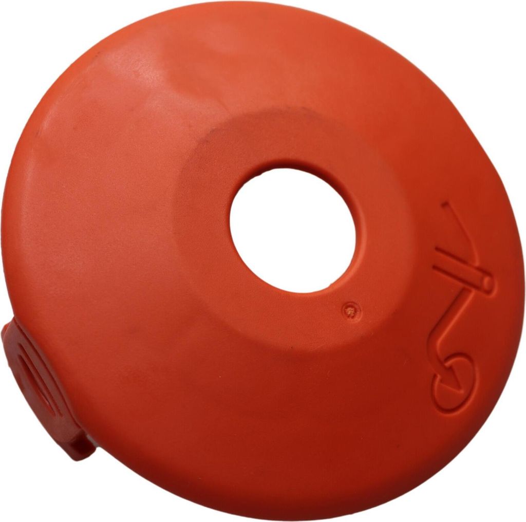 A close-up, top-down view of an orange plastic spool cover with a central hole.