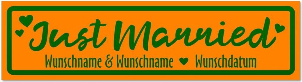 Kiwistar - Autoaufkleber - Orange - Grün - 30 x 8 cm - Just Married Wunschname Datum invertiert - Hinweis Aufkleber Sticker für Auto, Kfz, Fahrra...