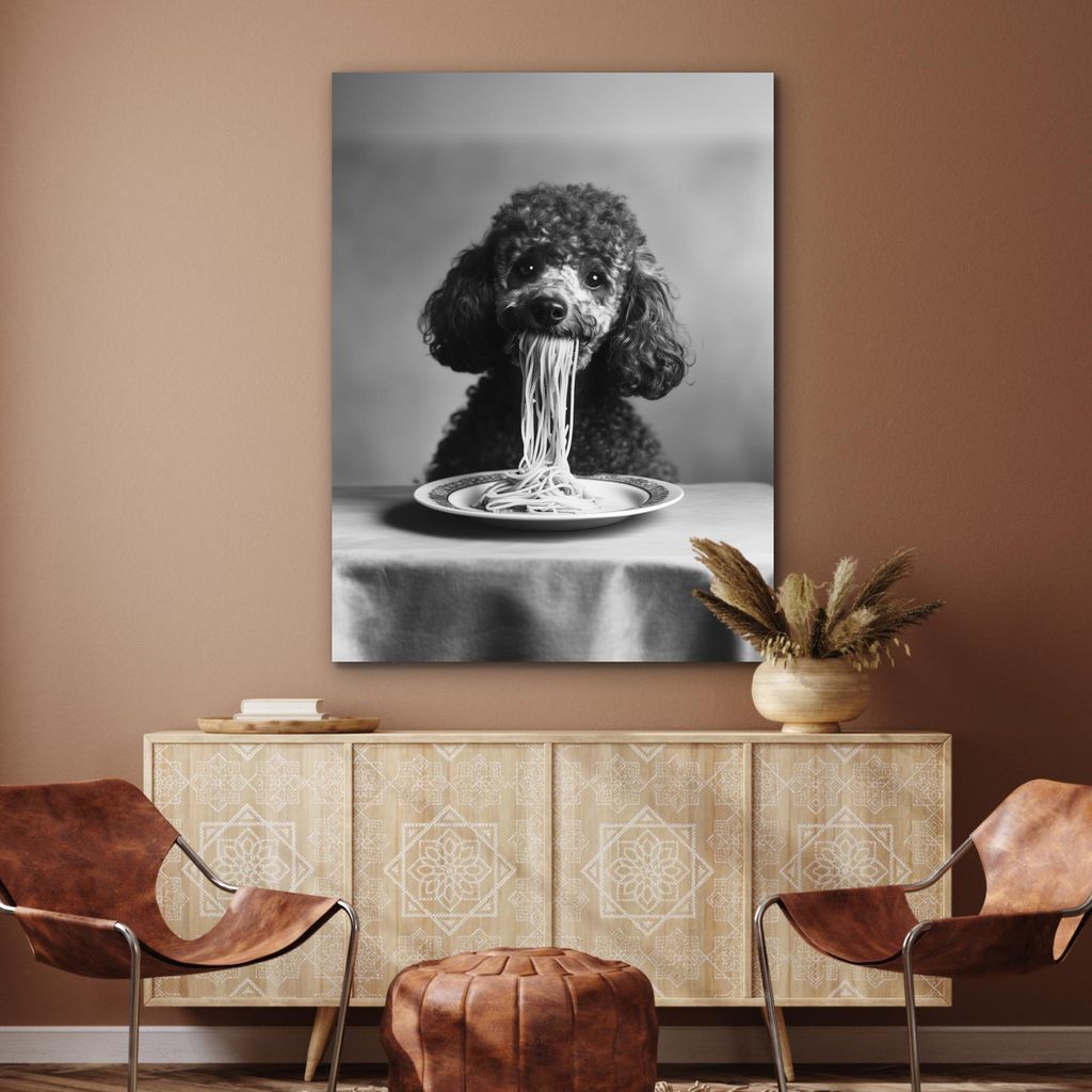 MuchoWow Wanddekoration Metall Metallbild Wandkunst 90x120 cm Pudel - Hund - Schwarz - Weiß - Niedlich - Nudeln MuchoWow Aluminium Gemälde - Indu...