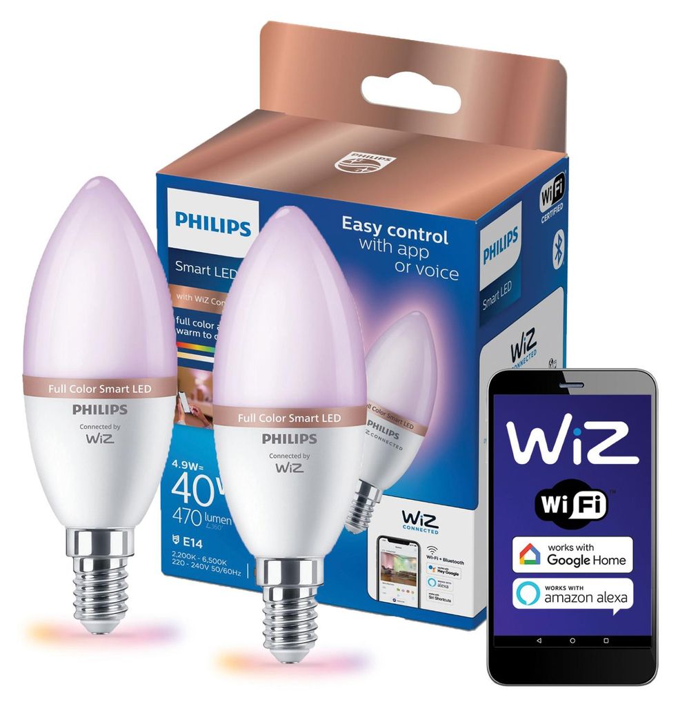 Philips Kerze 4,9 W (entspr. 40 W) C37 E14 x2, Intelligentes Leuchtmittel, Weiß, E14, C37, Weiß, 2200 K