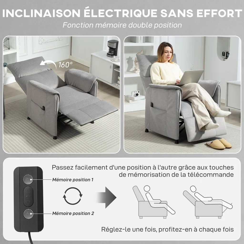 Siège de relaxation électrique gris, inclinaison programmable et confort - 7