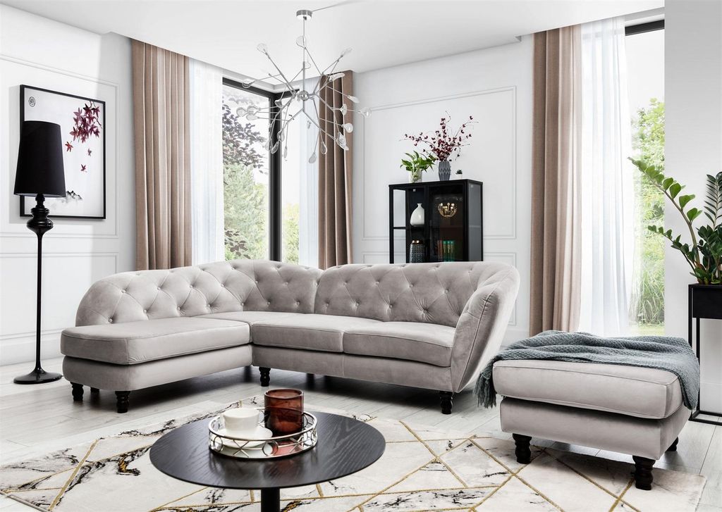 Ecksofa inkl.Hocker CHARLOTTE in Stoff Matt Velvet Cappuccino Ottomane Links