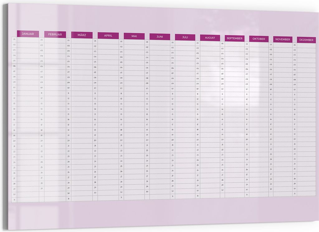 DEQORI Magnettafel Glas 60x40 cm 'Jahresplaner Pink (DE) ' beschreibbar Whiteboard Küche