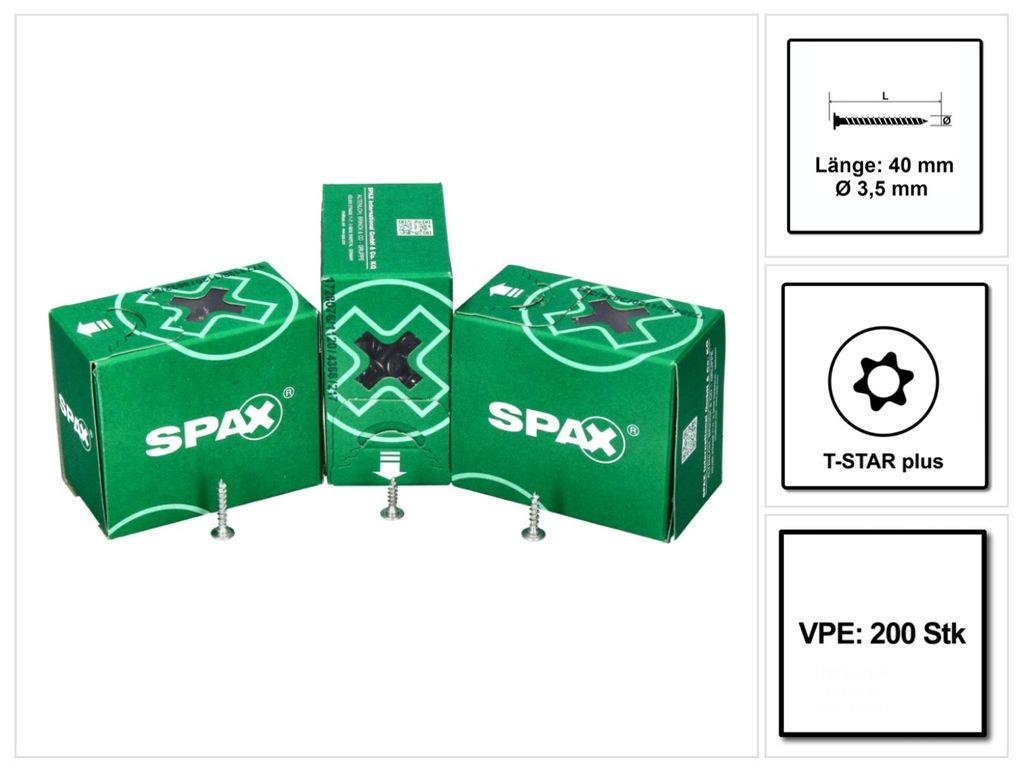 SPAX Flachrückwandkopf Schraube 3,5 x 40 mm 200 Stk. ( 21510103504051 ) Torx T-STAR Plus T20 für Rückwände ohne Linse Vollgewinde Wirox Cut Spitze