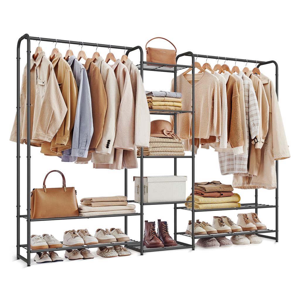 SONGMICS Kleiderständer, offener Kleiderschrank, Kleiderstange, Garderobenständer mit Ablagen, Garderobe aus Metall, freistehend, mattschwarz