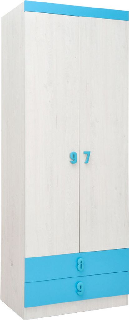 Kinderzimmer - Drehtürenschrank / Kleiderschrank Luis 19, Farbe: Eiche Weiß / Blau - 218 x 80 x 52 cm (H x B x T)