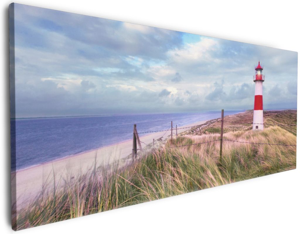 Wallario Premium Leinwandbild Leuchtturm am Strand von Sylt in Größe 50 x 125 cm