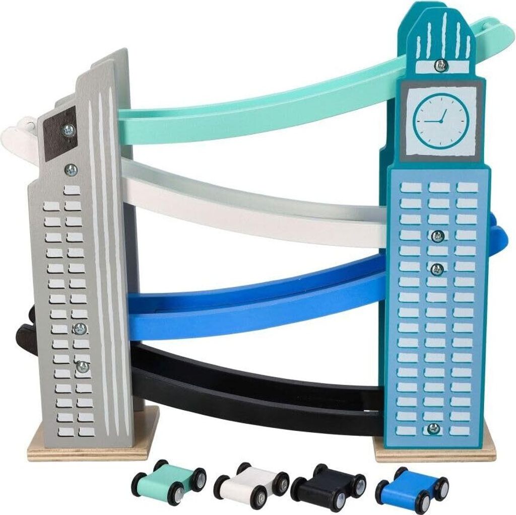 Holzspielzeug-Set für Kinder, eine Autorennbahn, 4 Fahrzeuge - Perfekt für Jungen und Mädchen - Buntes Bahn-Spielzeug für Kinder ab 2 Jahren - ...