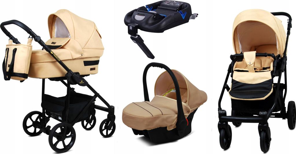 BabyLux TRAILUX | 4in1 Kinderwagen Set | Beige | Kombikinderwagen | Kinderwagenset | Isofix-Basisstation + Buggy + Babywanne + Autositz / Auto-Ba...