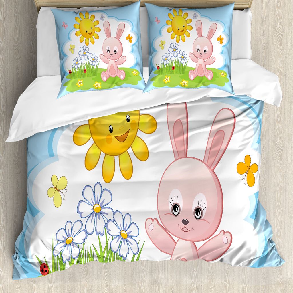 ABAKUHAUS Kinder Bettbezug, Kaninchen im Garten, Milbensicher Allergiker geeignet mit Kissenbezügen, 200 cm x 200 cm - 80 x 80 cm, Mehrfarbig