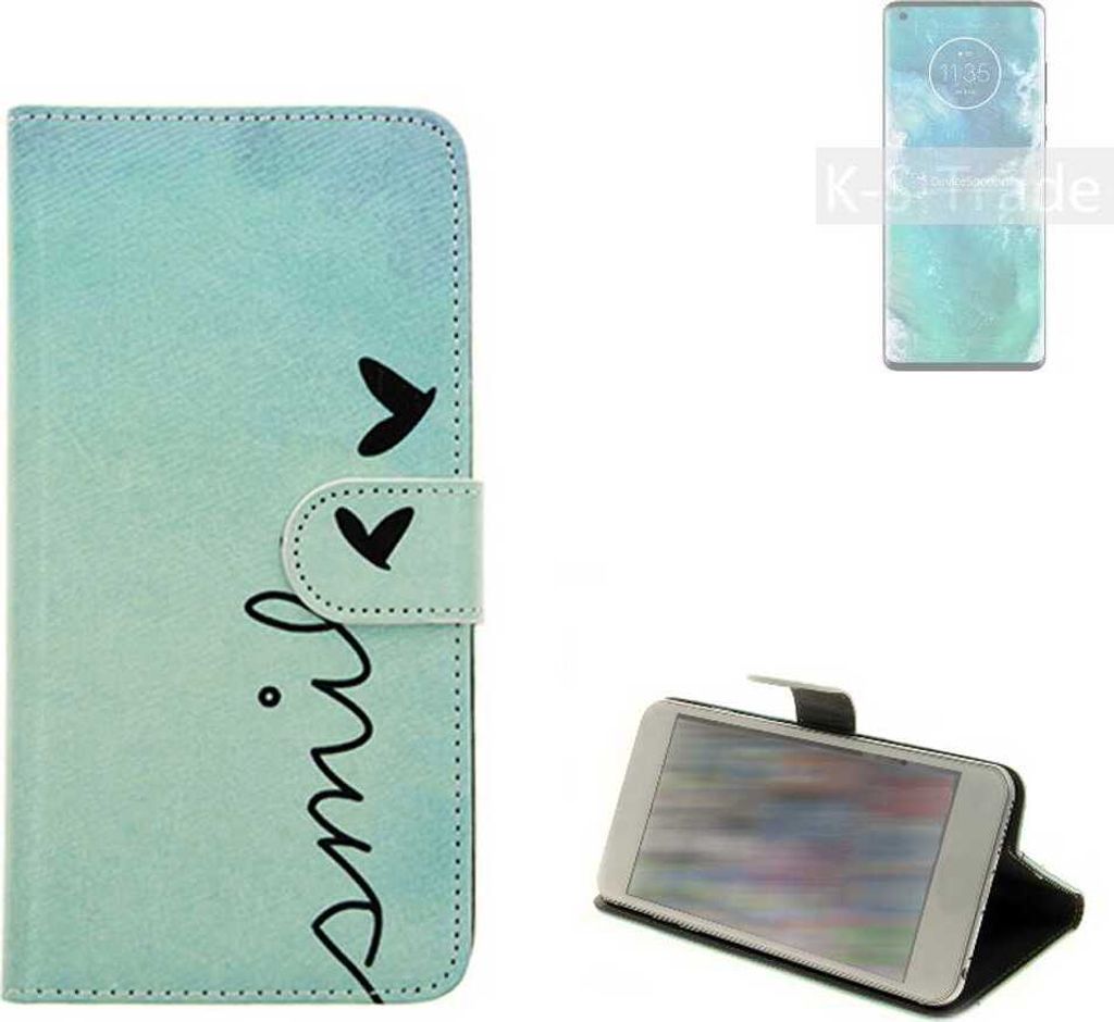 K-S-Trade Schutz Hülle Handy Hülle kompatibel mit Motorola Edge+ Hülle Handyhülle cover bookstyle Etui Handyhülle ''smile'' türkis Standfunktion