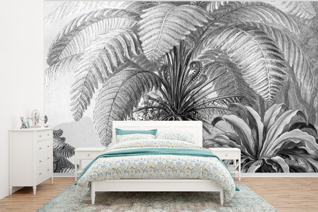 MuchoWow Fototapete für Wohnzimmer oder Schlafzimmer Wandtapete Vinyl Motivtapete Pflanzen - Schwarz und weiß - Design - Illustration - Botanis...