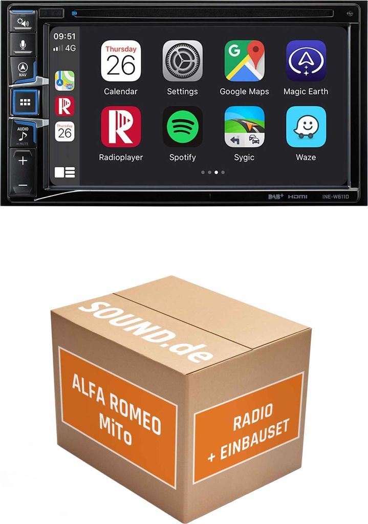 Autoradio Einbaupaket Alpine INE-W611D passend für Alfa Romeo MiTo + Bosch/Blaupunkt/Delphi/VDO LFB | Navigationssystem CD-/DVD-Laufwerk