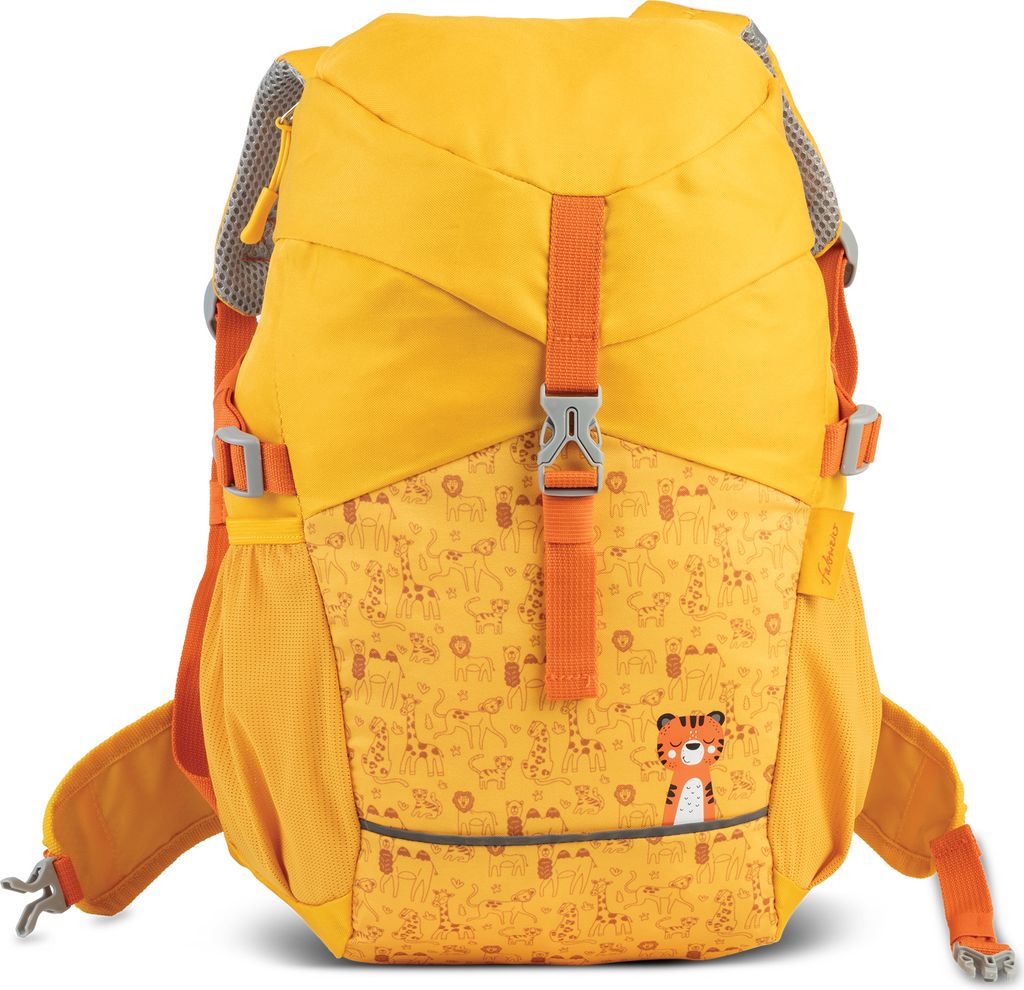 A yellow backpack with an animal print on the lower half.