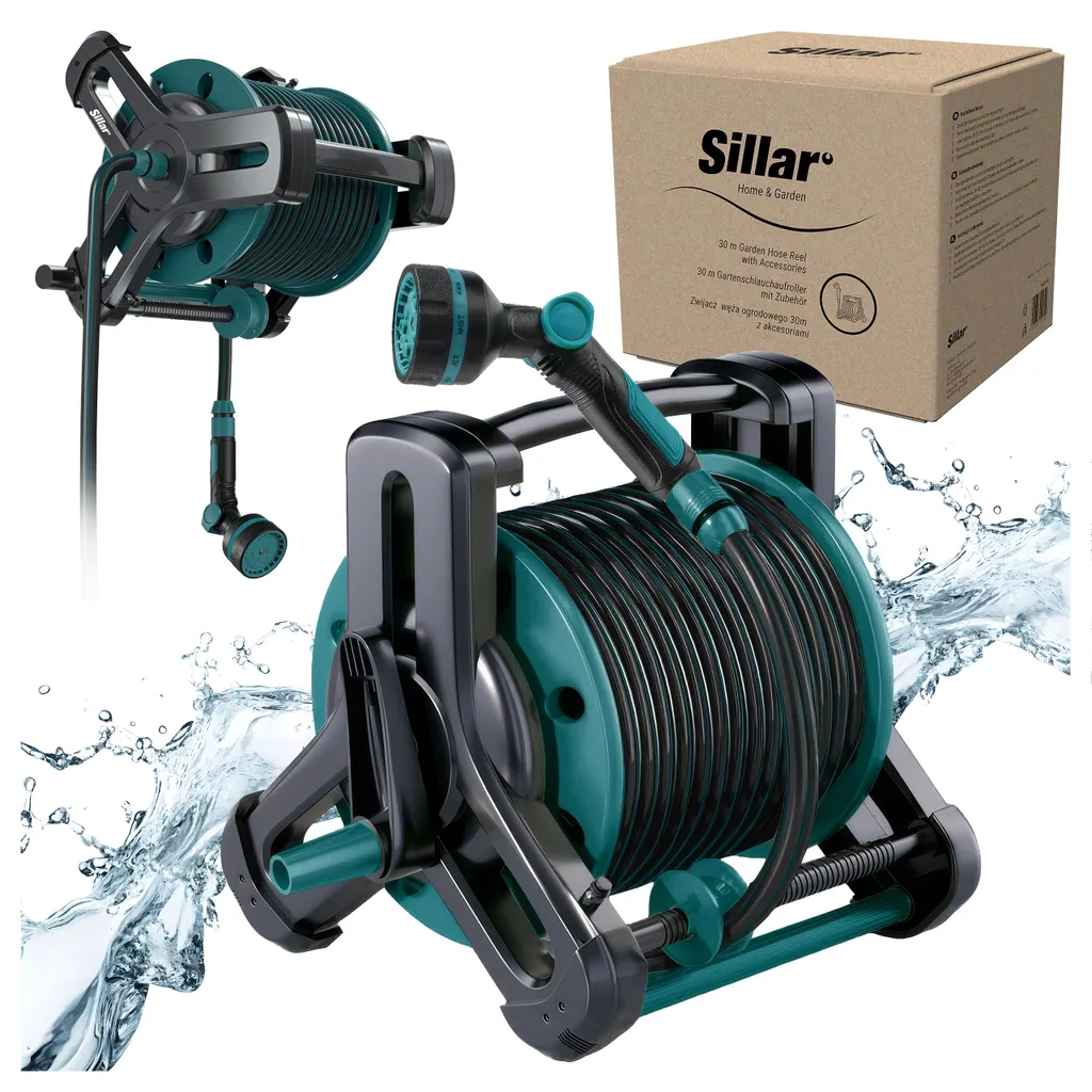 Sillar Ensemble de tuyau d'arrosage 30m avec enrouleur et pistolet multi