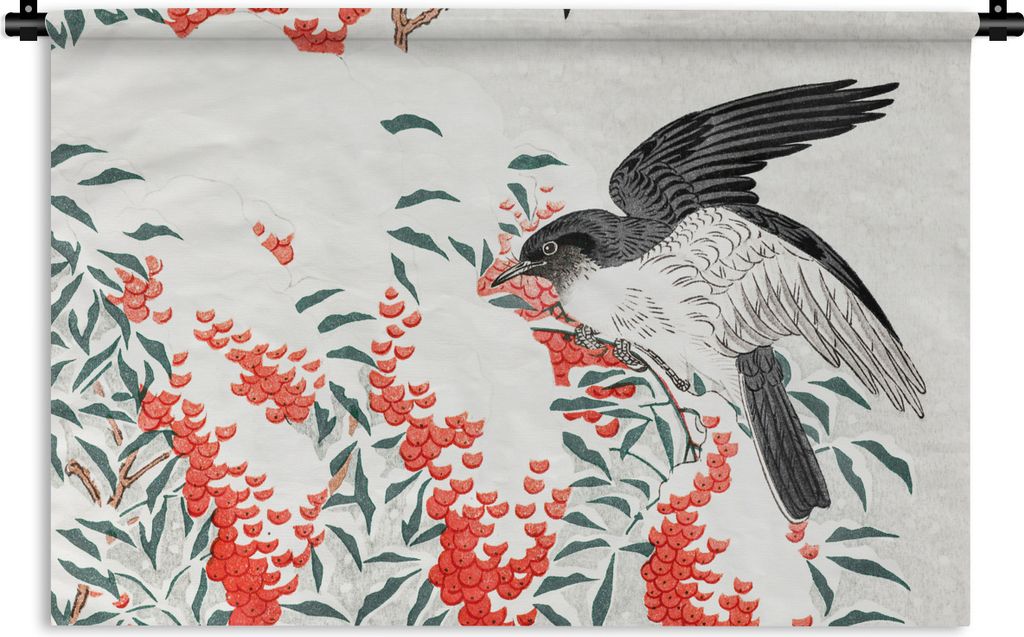 MuchoWow Wandteppich Wandbehang Vogel - Beere - Japanisch 90x60 cm Tapisserie Dekoration Wandtuch - Wandskulpturen - Bildteppich