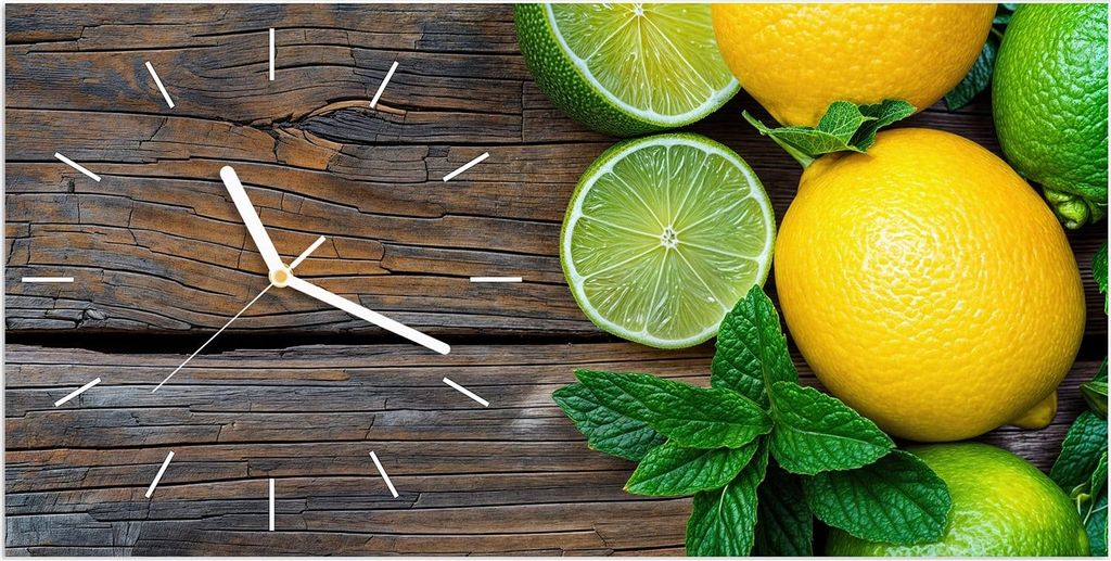 Wanduhr aus Glas mit Motiv Zitrusfruechte Holz- 60 x 30 cm - inkl. Aufhängesystem