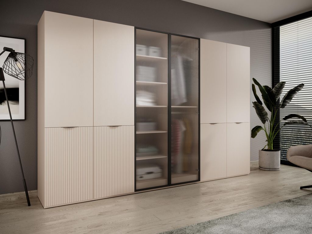 Schlafzimmerschrank Sandbox beige, nova + flutes mit glass + nova B 303 cm– 6-türiger Kleiderschrank