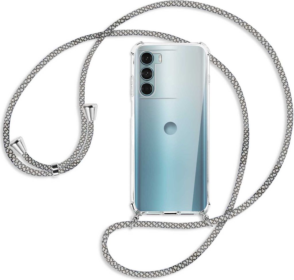 Handykette Backcover-Schutzhülle mit Band (Metall silberfarben) für Motorola Moto G200 5G - weiß/grau kariert