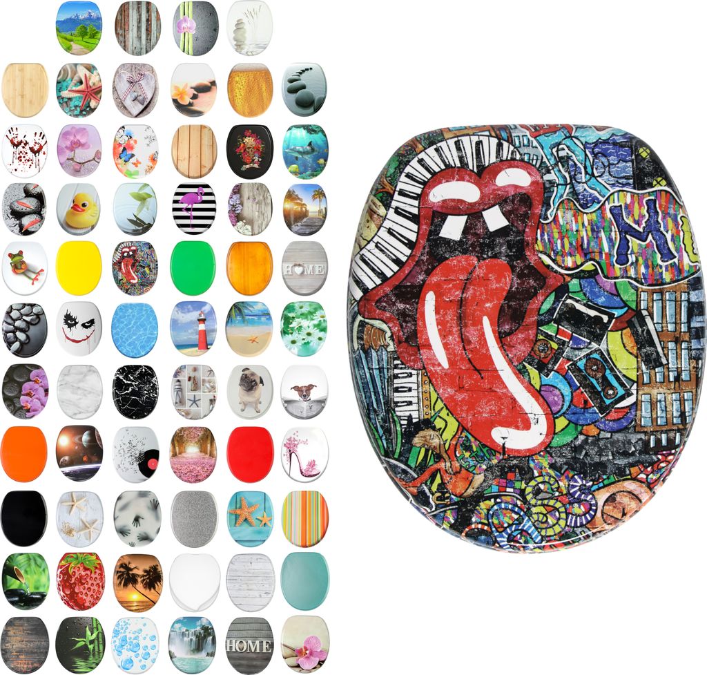 A collage of various toilet seat designs, with one prominent graffiti-style toilet seat in the foreground.