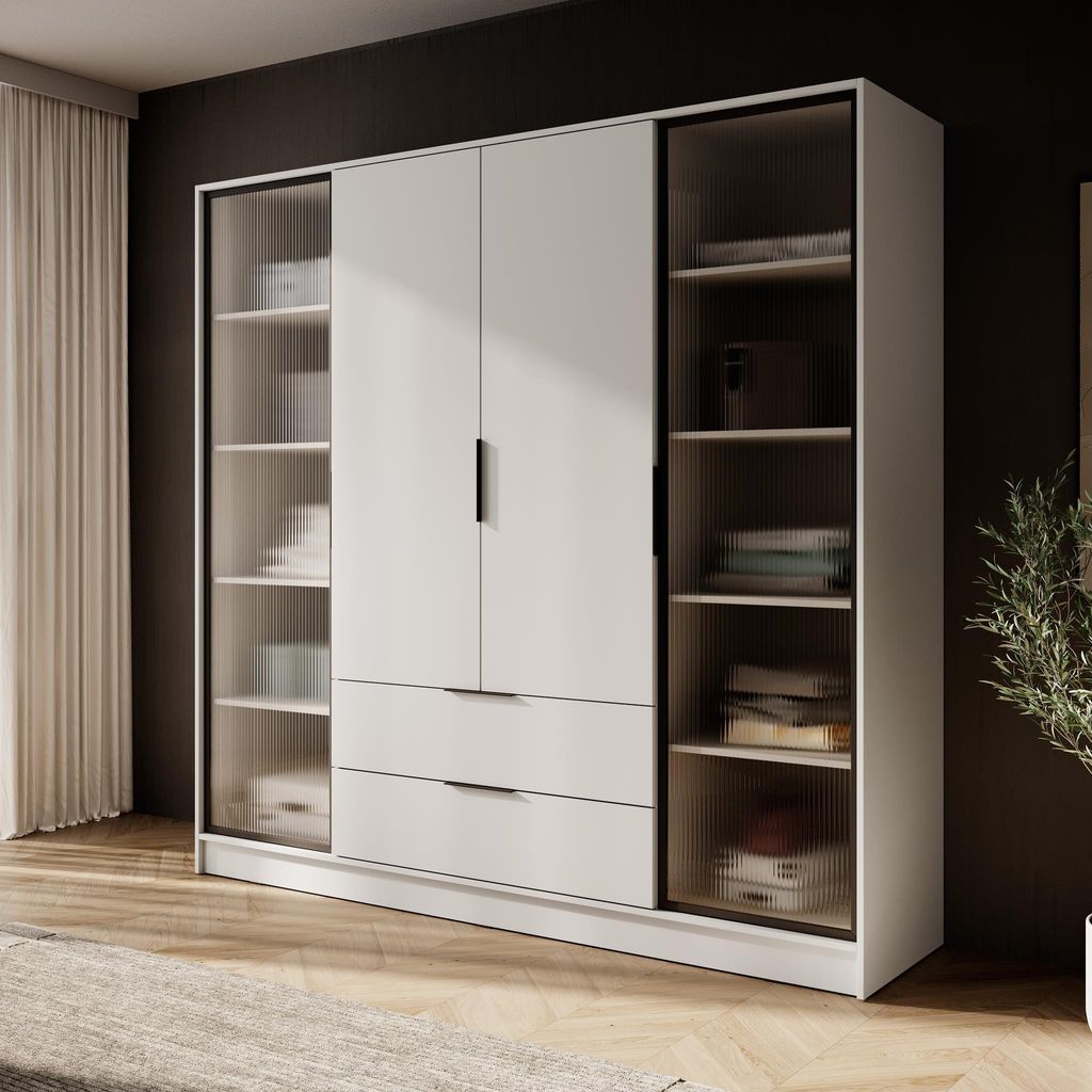 Kleiderschrank ORLANDO mit Glasfront 4-türiger Kleiderschrank für Schlafzimmer großer Kleiderschrank 200 cm breit, Farbe: Kaschmir