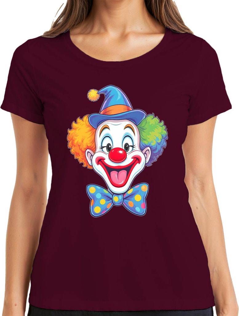 Clownsgesicht rote Nase bunter Afro Fliege Karneval lustig Party Damen T-Shirt, Burgundy, S