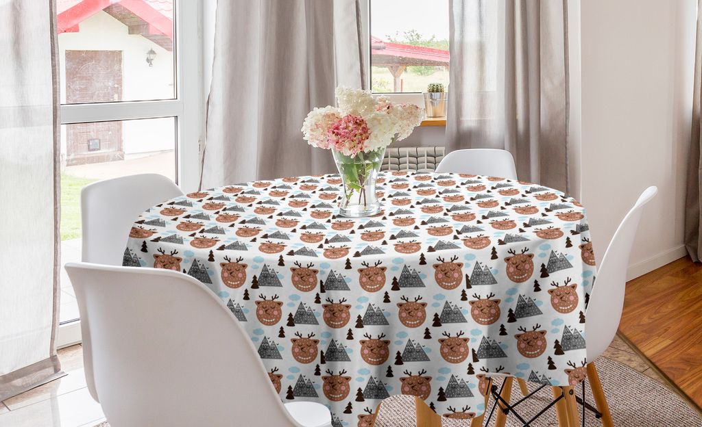 ABAKUHAUS skandinavisch Runde Tischdecke, Berge Rentiere, Kreis Tischdecke Abdeckung für Esszimmer Küche Dekoration, 150 cm, Mehrfarbig