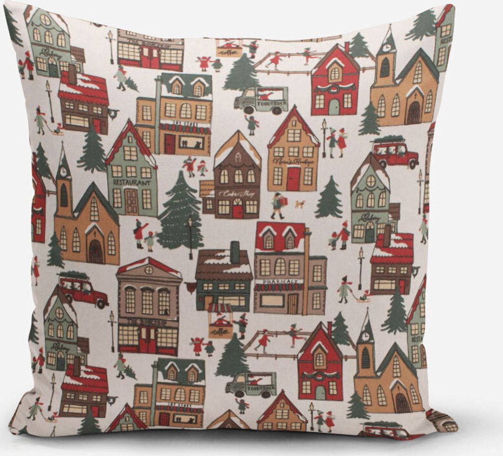 SCHÖNER LEBEN. Kissenhülle Winter Village Scene Winterdorf weiß braun rot grün verschiedene Größen Größe 50x50cm (HxB) 50x50cm (HxB) Größe
