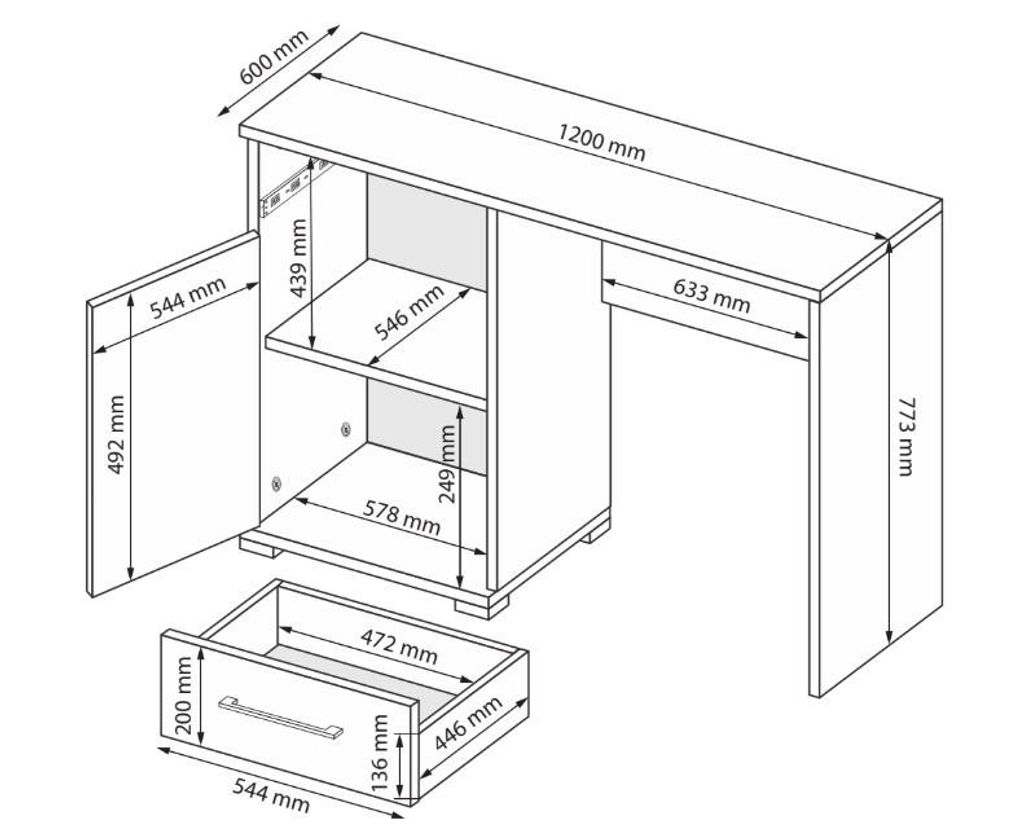 Computerschreibtisch Weiß Matt + Hochglanz – 1200 × 770 × 600 mm