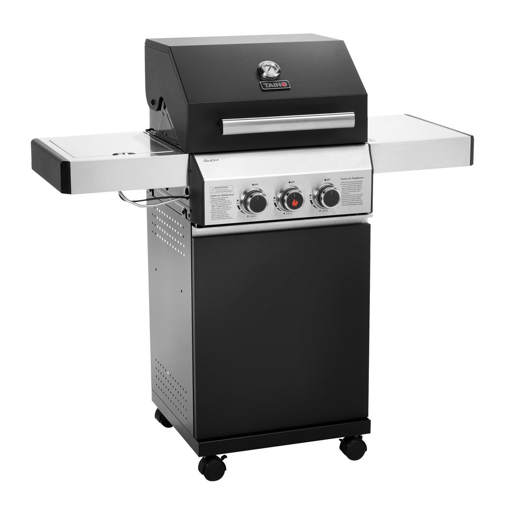 TAINO BLACK 2+1 Gasgrill mit Seitenbrenner Gusseisen-Rost Gasgrill 2 Brenner Standgrill Matt Schwarz