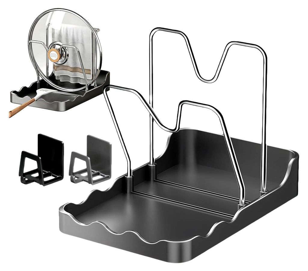 Topfdeckel-Organizer - Regal zur Aufbewahrung von Deckeln mit 2 Abtropfern - für Haushalt, Wohnung, Spüle, Küchenschrank, Ecke, Kochlöffel