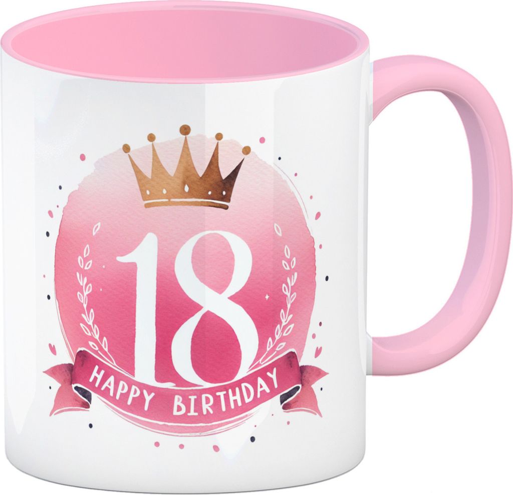 Happy Birthday 18 Krone Kaffeebecher in rosa