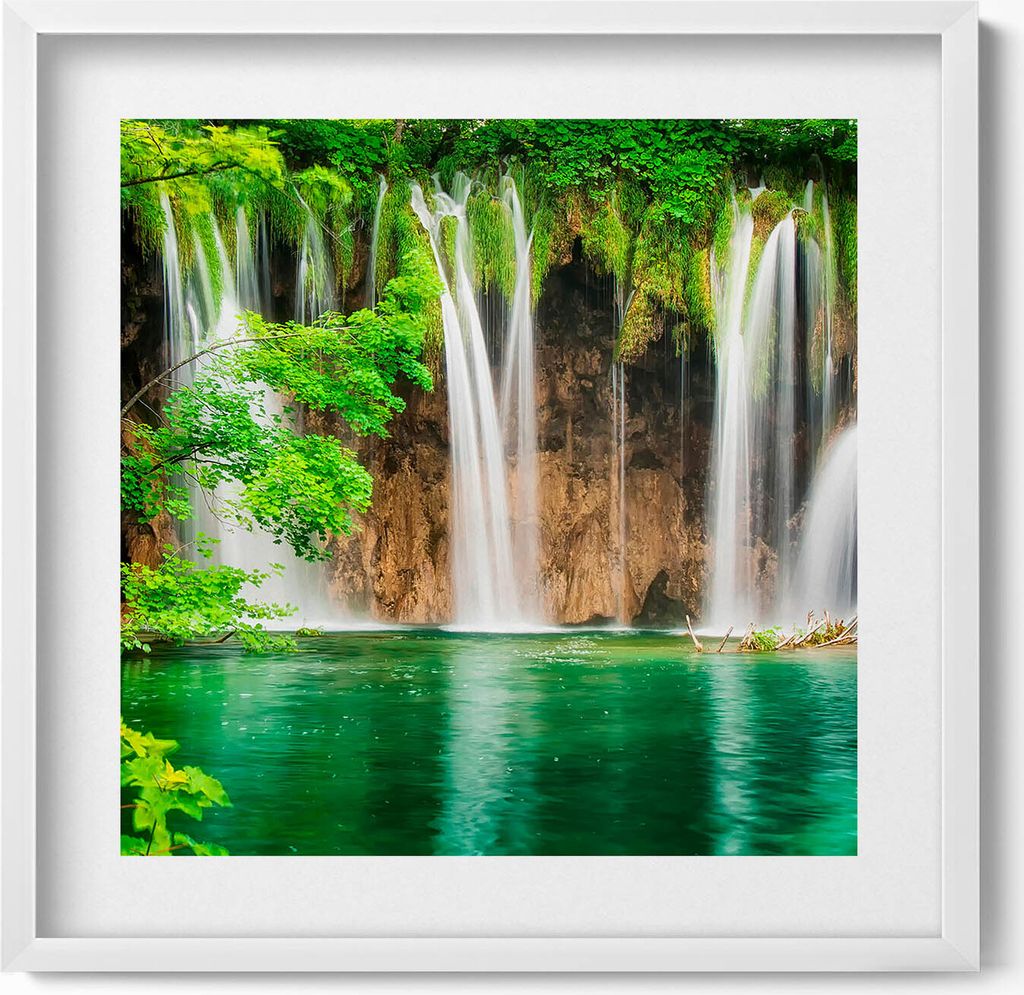 Natur - See, Wasserfall und Vegetation– Wandbild mit Rahmen – Gerahmtes Bild – Wanddekoration – 50x50 cm – Weiß Rahmen