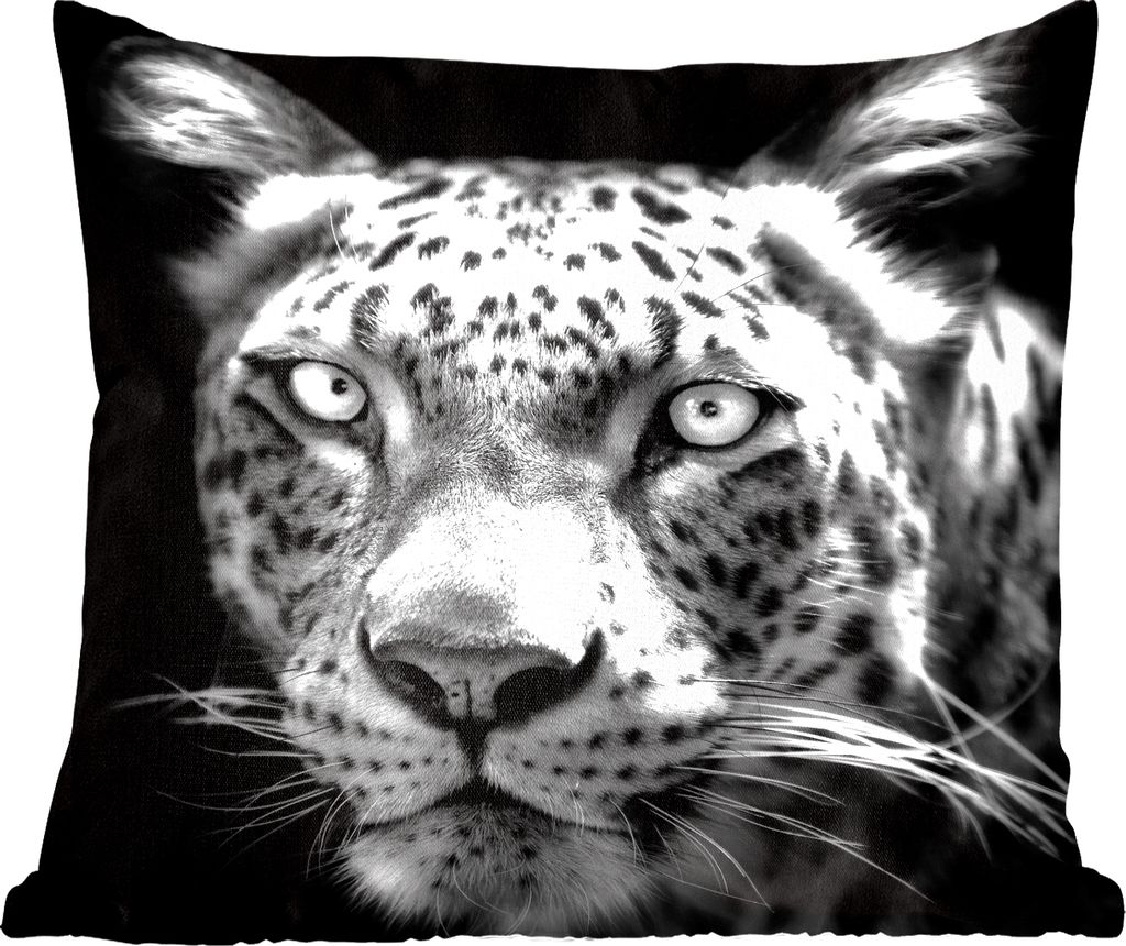 MuchoWow Zierkissen Sofakissen Wohnzimmer Dekokissen 40x40 cm Nahaufnahme Persischer Leopard vor schwarzem Hintergrund in Schwarz und Weiß - Fot...