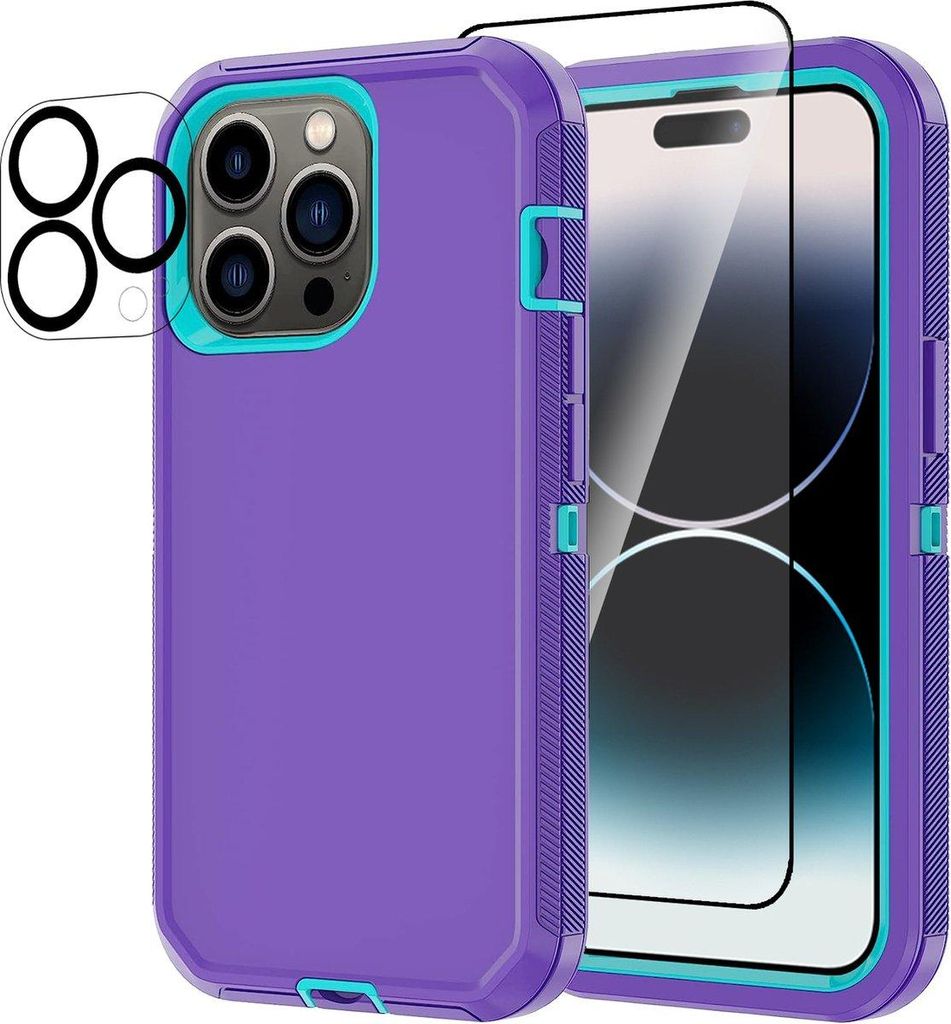 Stravo Heavy Duty Hülle für iPhone 14 Pro Max – 3-schichtig, stoßfest & staubdicht – inkl. Display- & Objektivschutz – Lila
