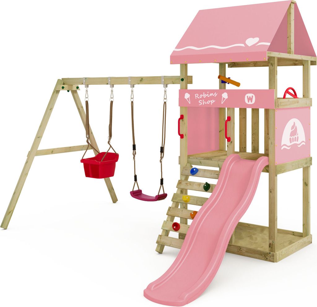 WICKEY Spielturm Klettergerüst DinkyHouse mit Schaukel & Rutsche, Kletterturm mit Sandkasten, Leiter & Spiel-Zubehör – pastellpink