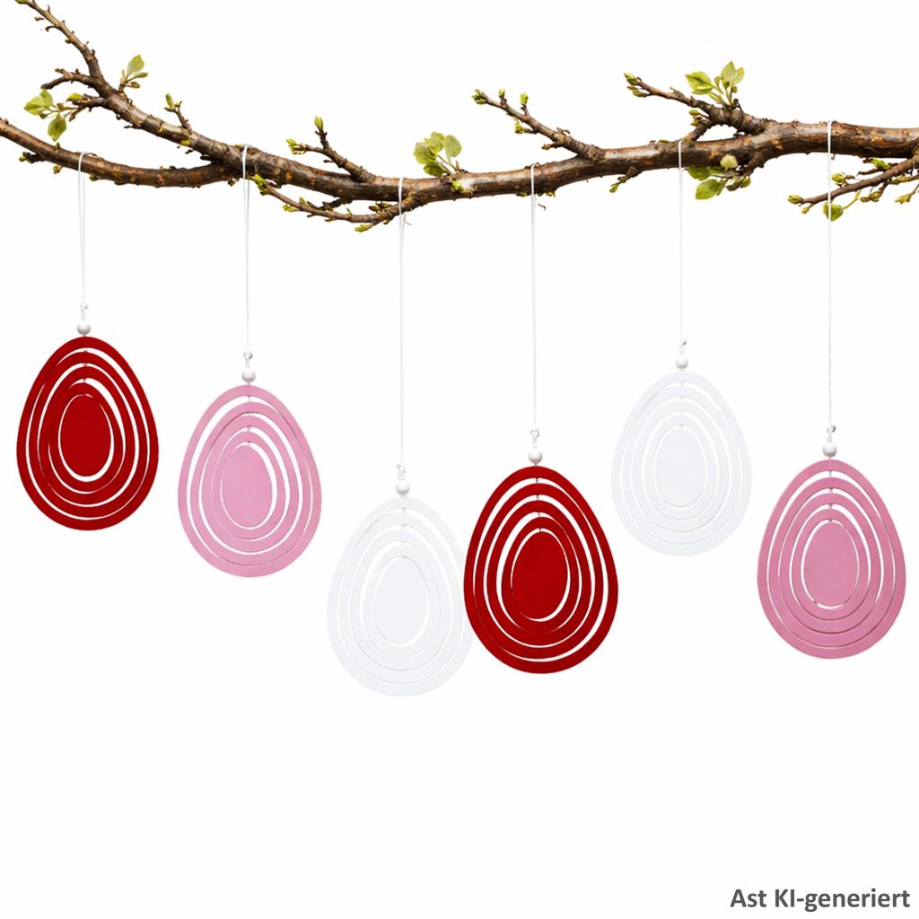 Leonita 6er Set Deko-Anhänger Ei Rosa Rot Weiß Holz Osterdeko Tropfen