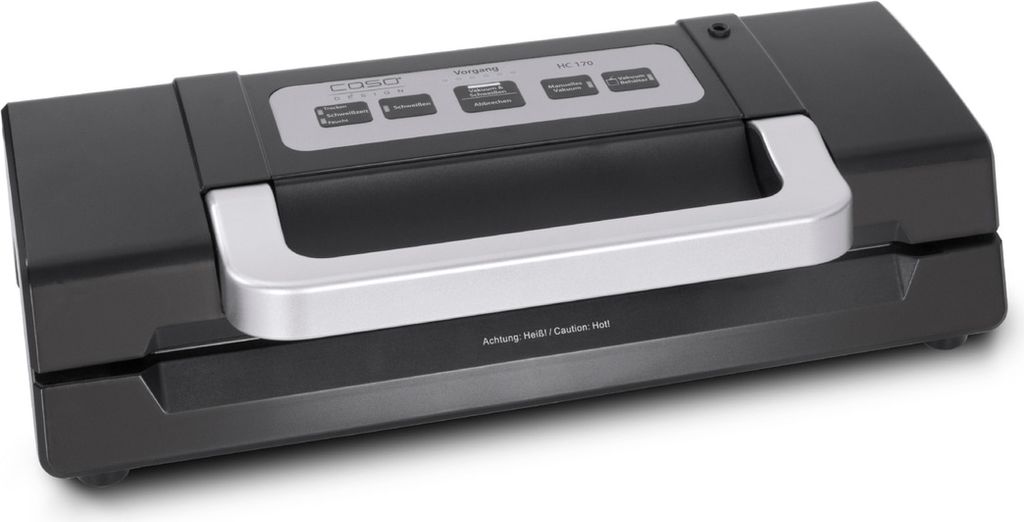 A black and silver vacuum sealer is shown from a diagonal front-facing angle against a white background.