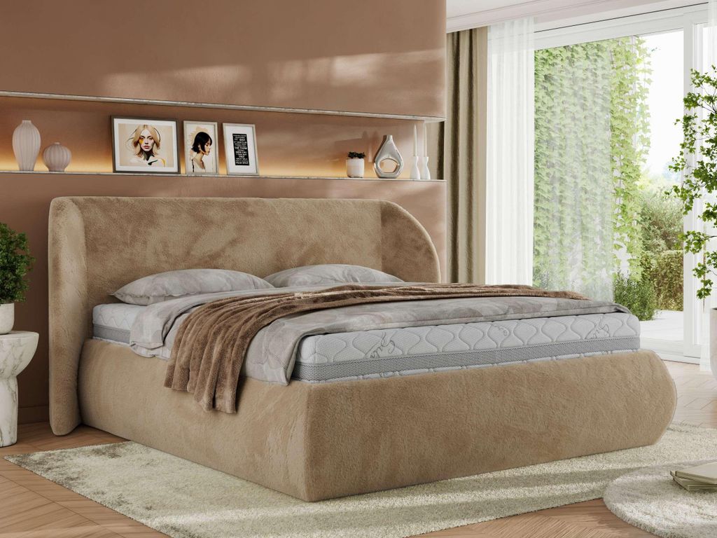 MKS MEBLE Polsterbett mit Bettkasten CAELA CLASSIC Bett mit Stauraum und Gasdruckfeder Doppelbett Pocket Matratze VIRE LUX 180x200 Beige Plüsch
