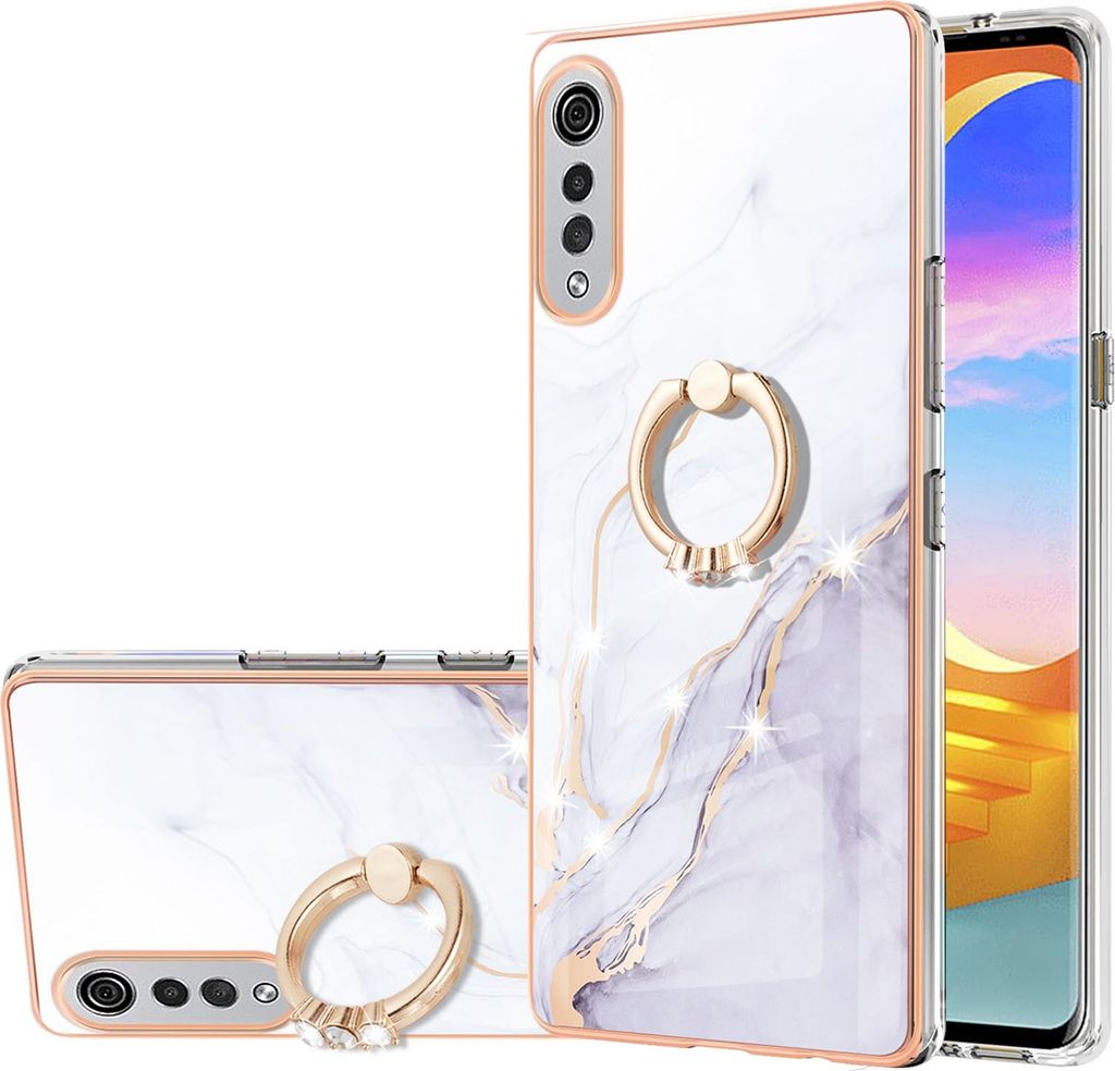 LG Velvet 5G Marmor Handyhülle mit 360 Grad Ring Ständer Ultra Dünn Soft TPU Bumper Anti-kratzt Schutzhülle für LG Velvet 5G Weiß