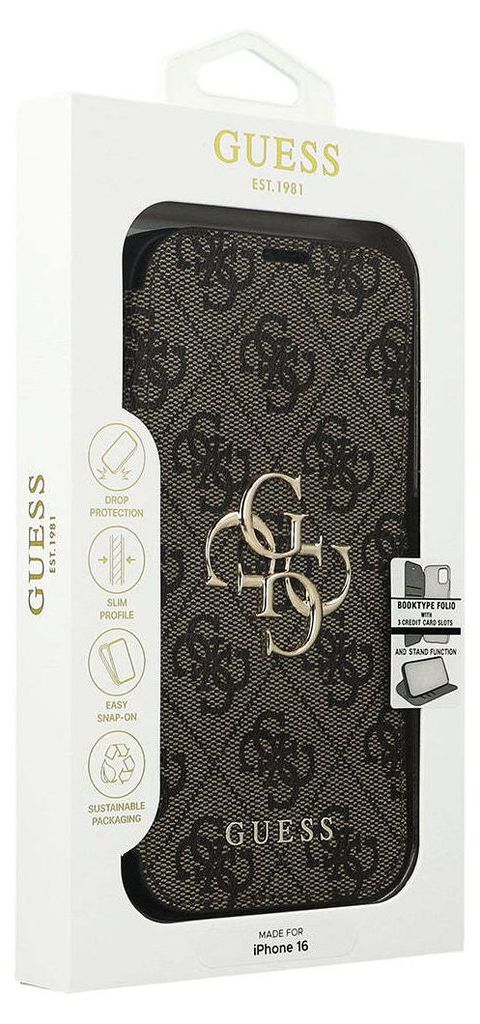 Coque Guess Book 4G Métal Logo – Pour IPhone 16 Pro – Marron Cuir Synthétique