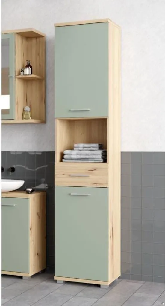 Meuble haut de salle de bains vert sauge 2 portes en chêne Artisan