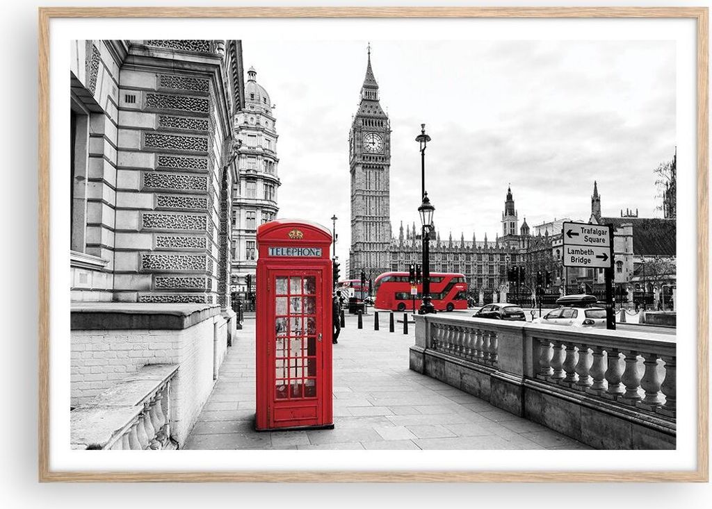 Gerahmtes Poster - Rahmen in heller Eiche - Schuppen Telefon London - 100x70 cm - Wand Bild - Wanddeko - Wandbilder - Wandposter - Bilderrahmen - B...