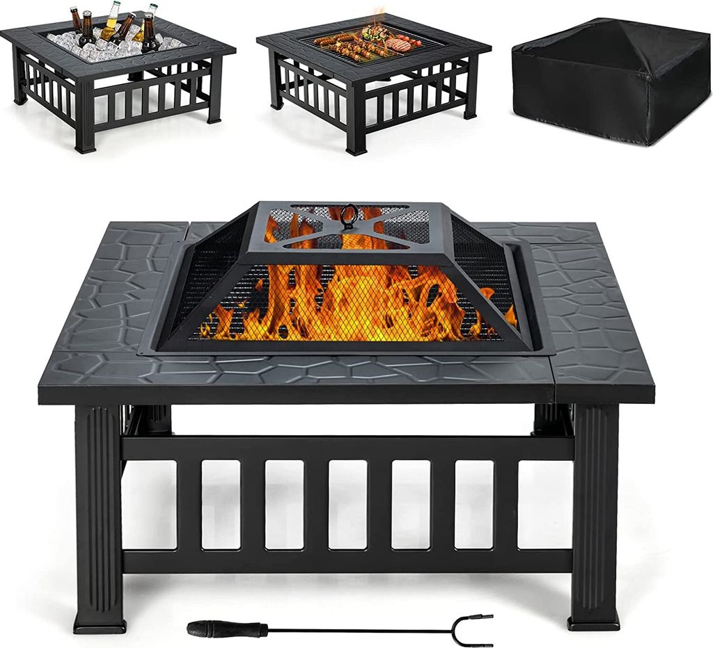 COSTWAY 3 in 1 Feuerschale, Outdoor-Feuerstelle 81 x 81 cm, Quadratischer Feuerkorb für Garten Hinterhof Terrasse Balkon, mit Gitter/ Rost/ Grill/...
