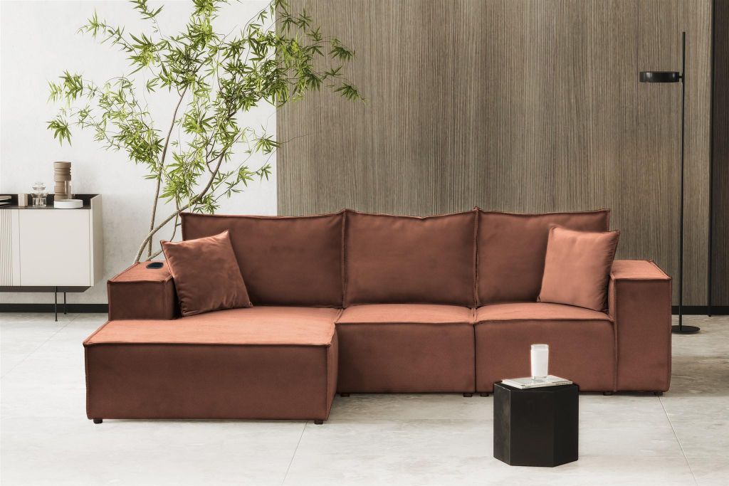 Ecksofa Sofa ALVARO inkl. QI Ladegerät Stoff Opera Velvet Altrosa Ottomane Links