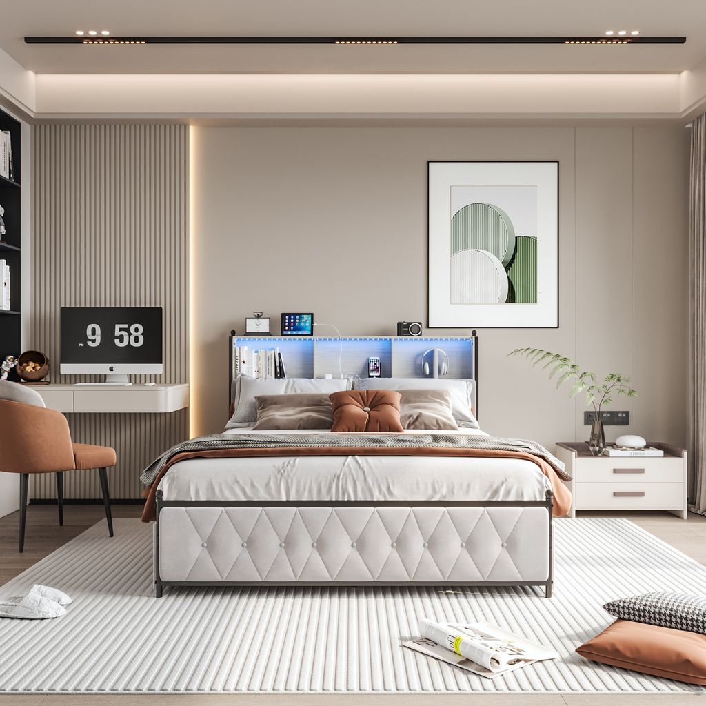 Gepolstertes Bett 140 x 200 cm mit LED-Beleuchtung und USB-Ladeanschluss, mit 4 Schubladen, Beige
